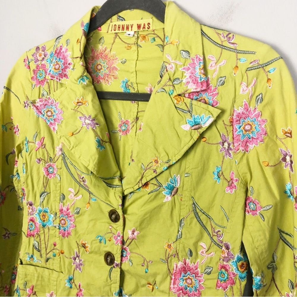 JOHNNY WAS | Embroidered Lime Green Floral Blazer Jacket Women’s Size Small - Picture 3 of 10